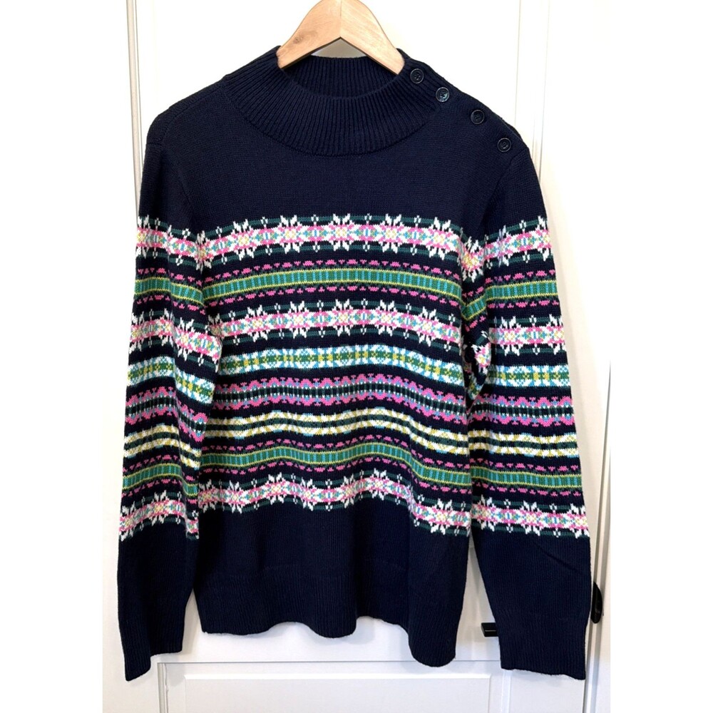 NWT Talbots Fair Isle Nordic Blue Pink Sweater L Mock Neck Soft Cotton Blend
